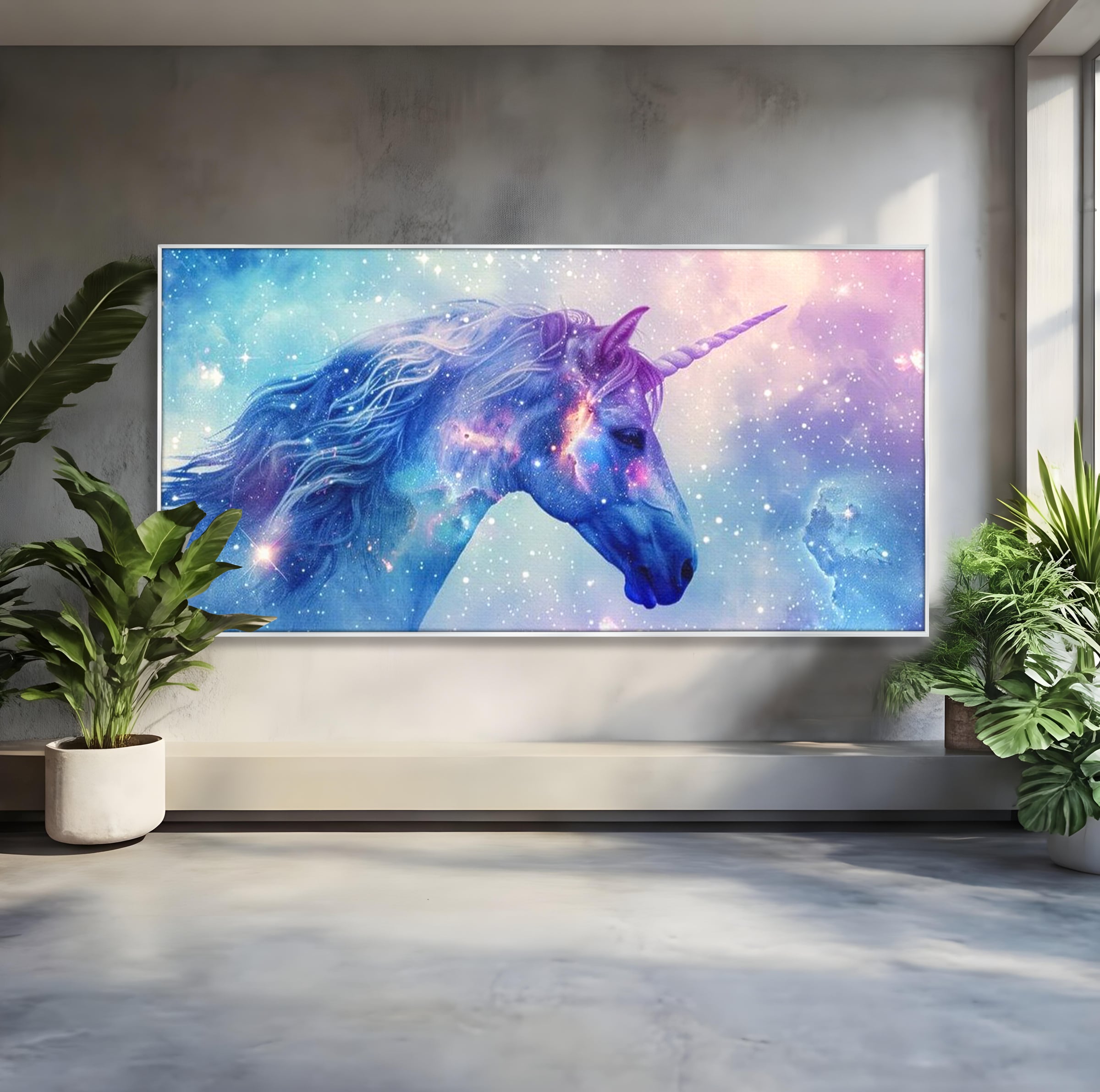Tablou canvas cu tablou canvas cu unicorn cosmic in galaxie, in rama de aluminiu argintiu